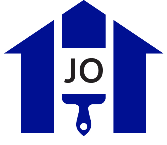 blue house logo with a brush handle in the middle